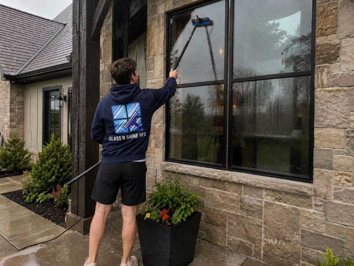 Glass N Shine technician cleaning a large window with a water-fed pole